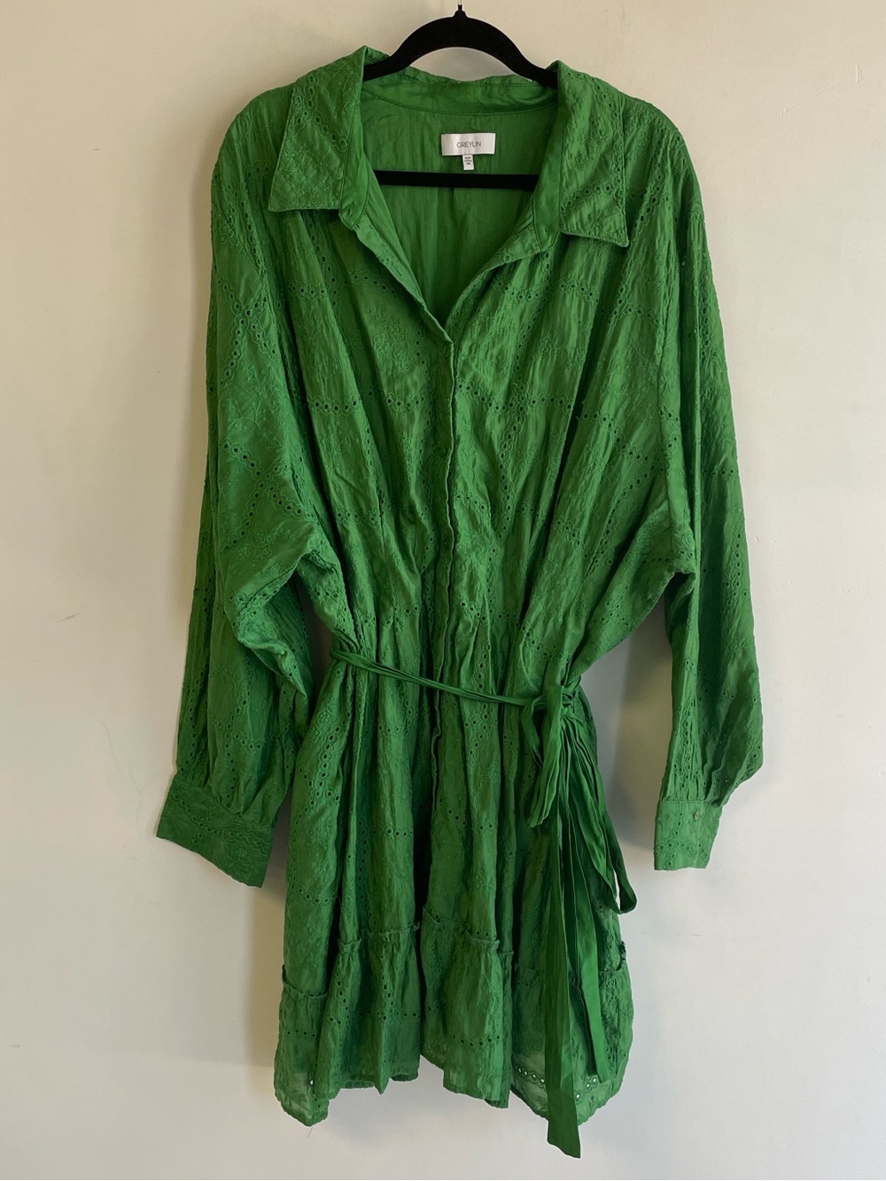 Greylin Green Eyelet Shirt Dress 3X Embroidered Boho Cottagecore Belted Vacation